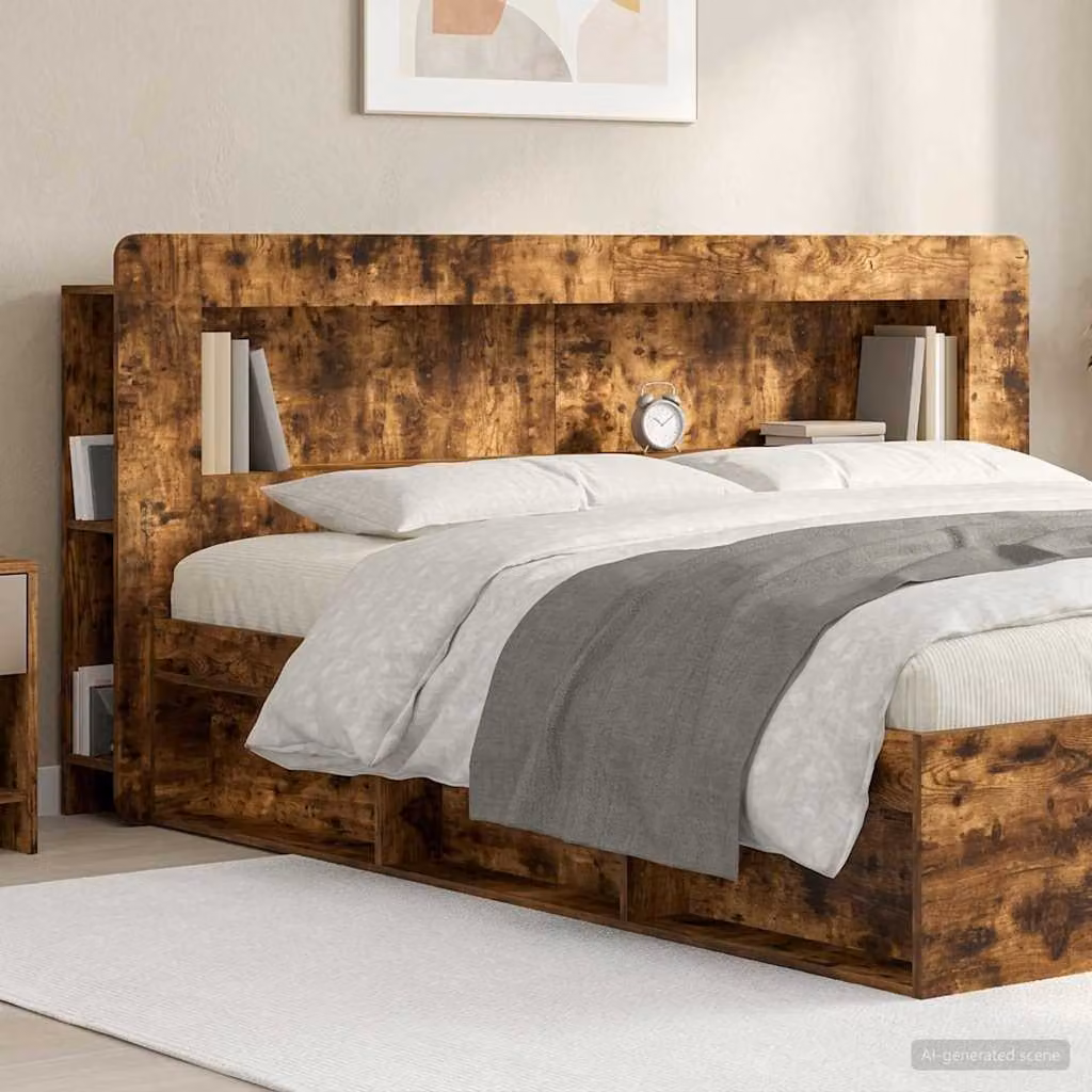 Testata del letto moderna vidaXL in legno ingegnerizzato Rovere Fumo con ripiani integrati, L: 193 cm, H: 100 cm, P: 18,5 cm