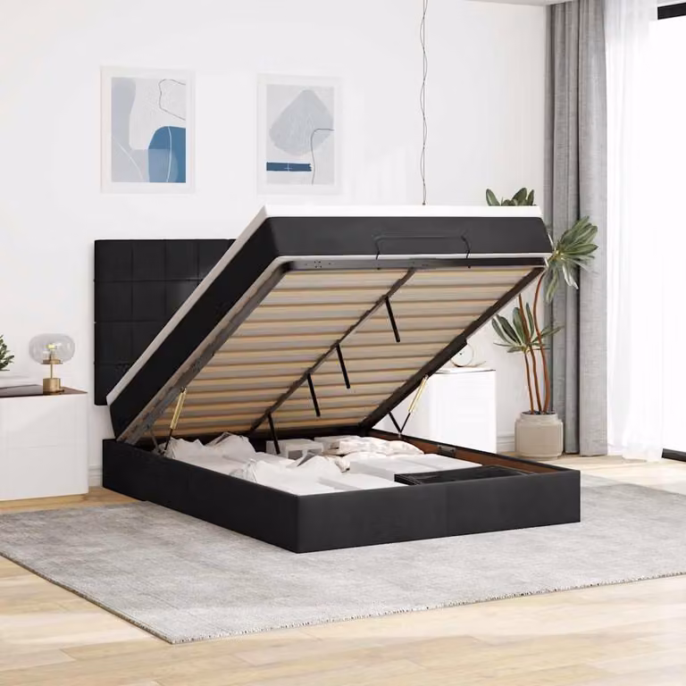 Letto con contenitore e pouf vidaXL in velluto nero con base a sollevamento, illuminazione sottostante e porta USB, L/P/H: 193 x 144 x 128 cm