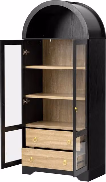 Highboard nero con ripiani regolabili, ante in vetro trasparente e cassetti, mobile contenitore 76x40x180 cm per cucina, soggiorno e sala da pranzo