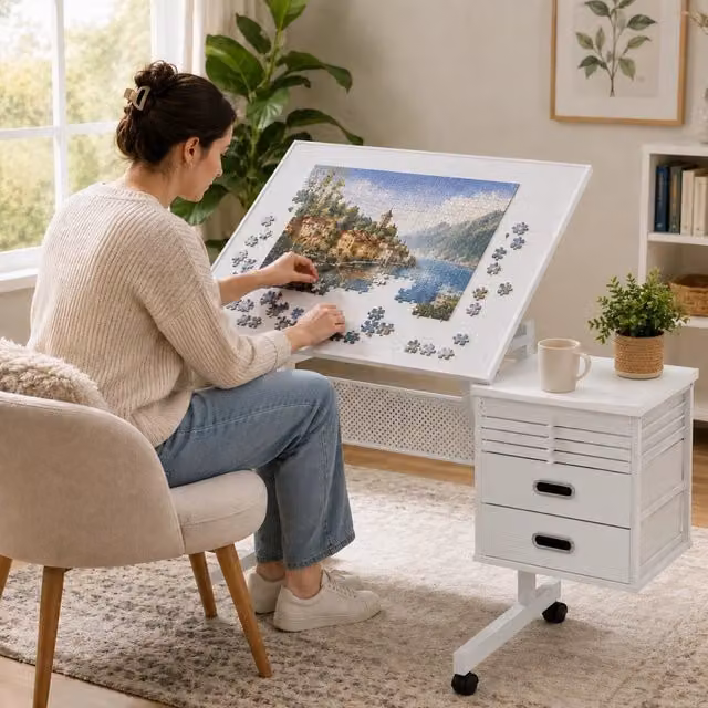 Tavolo per puzzle regolabile con 4 vassoi in feltro e copertura - in MDF e metallo - bianco