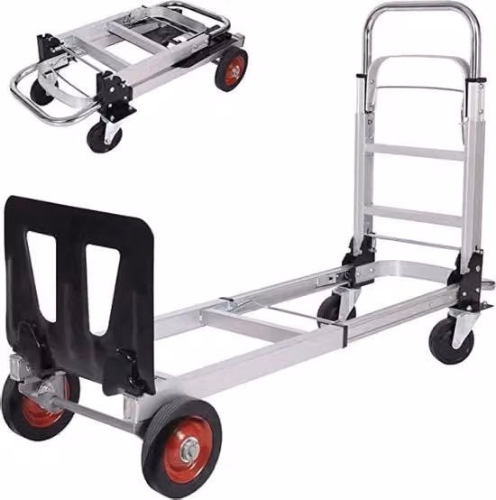 Carrello a piattaforma pieghevole e trasformabile in alluminio color argento con pneumatici, capacità di carico 100 kg