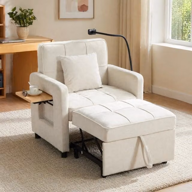 Poltrona letto reclinabile in ciniglia beige; schienale a 5 posizioni; 167 × 79 × 83 cm