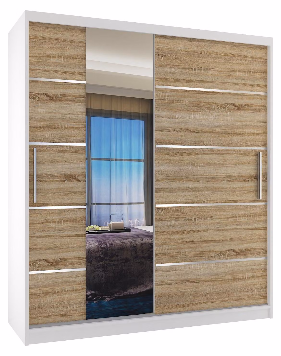 BELINI Verona, armadio scorrevole da 133 cm, bianco/effetto legno sonoma opaco - armadio con specchio e 2 cassetti, ideale per la camera da letto