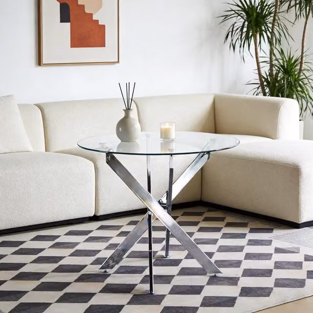 Tavolo da pranzo rotondo OKWISH con piano in vetro trasparente e gambe in metallo silver per cucina e soggiorno – 1