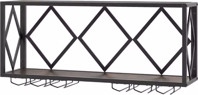 Portabottiglie da parete in metallo con striscia LED a 16 colori e 6 portabicchieri, mensola espositiva in stile industriale Marrone e Nero opaco – 1