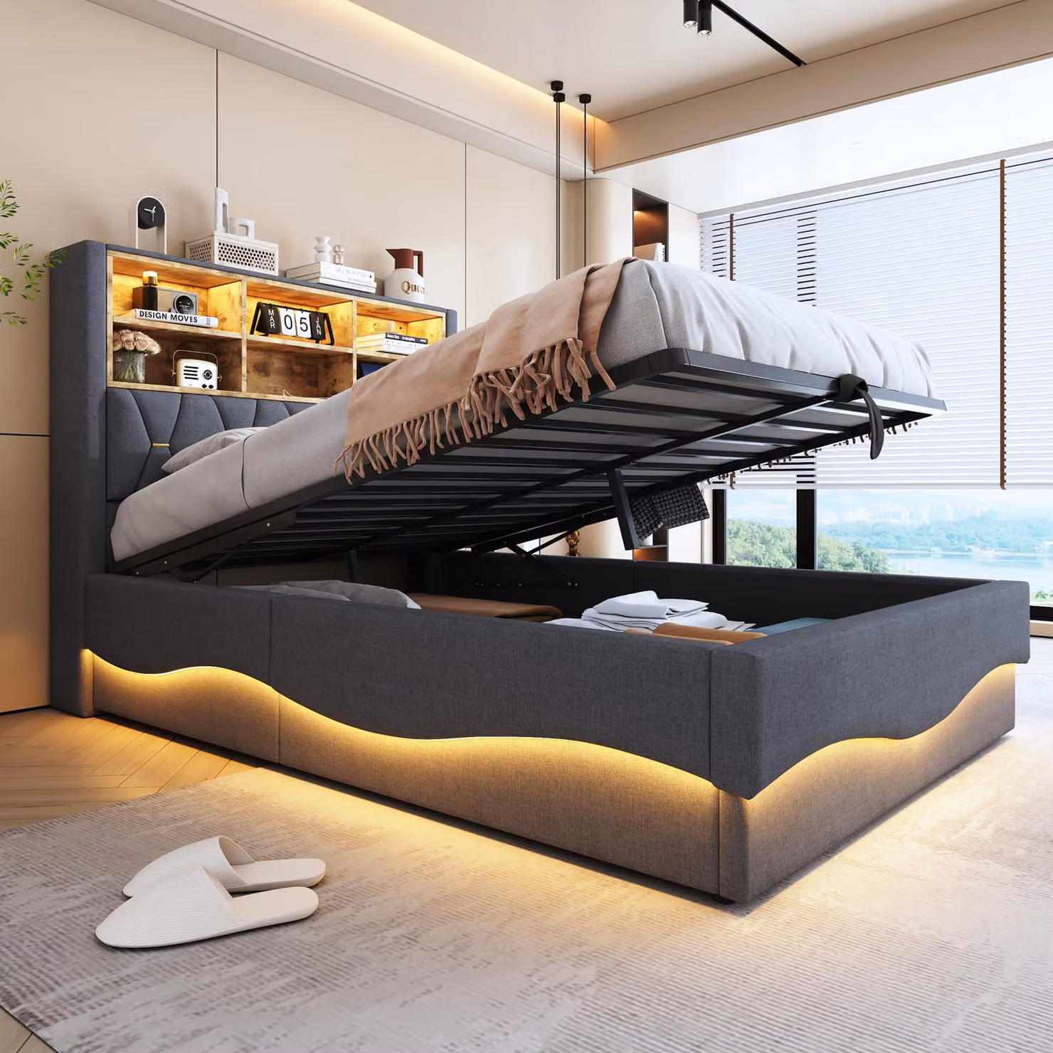 STILVORA 140x200 Letto imbottito con comodino e interfacce di ricarica USB, letto per ragazzi con luce a LED tramite controllo APP, letto matrimoniale con rete a doghe metalliche, Lino, senza materasso, Grigio