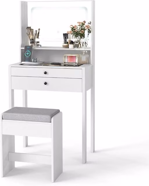 Piccolo tavolo da trucco con 3 modalit¨¤ di illuminazione e sgabello imbottito, Toeletta con specchio e luci Bianco-Tavoli da trucco
