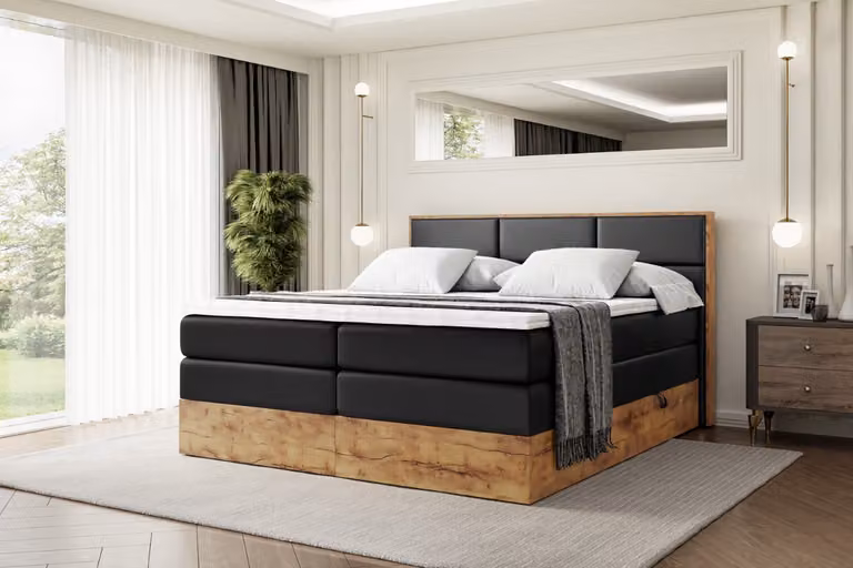 Letto boxspring ALTDECOR con materasso e rete a doghe, topper, letto imbottito con contenitore, letto con vano portaoggetti, materassi H3 e H4, letto matrimoniale, letto boxspring - LOLLI1 KING - 200x200 - Pelle finta nera
