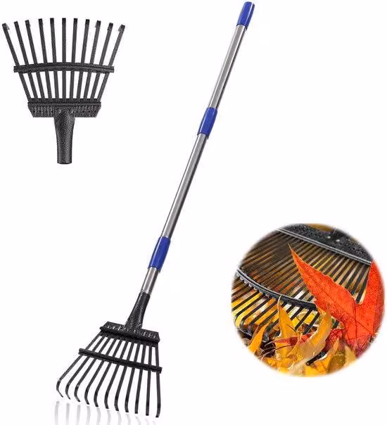 Ibenzoa® Rastrello da giardino regolabile – 11 denti in metallo, testina da 21 cm, acciaio inossidabile, lunghezza del manico regolabile da 78 a 182 cm, pieghevole, facile da montare