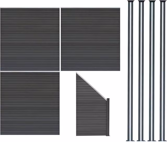 Set di Recinzione in Metallo Grigio con 3 Pannelli, 1 Elemento Angolare e 5 Pali, Altezza: 185 cm