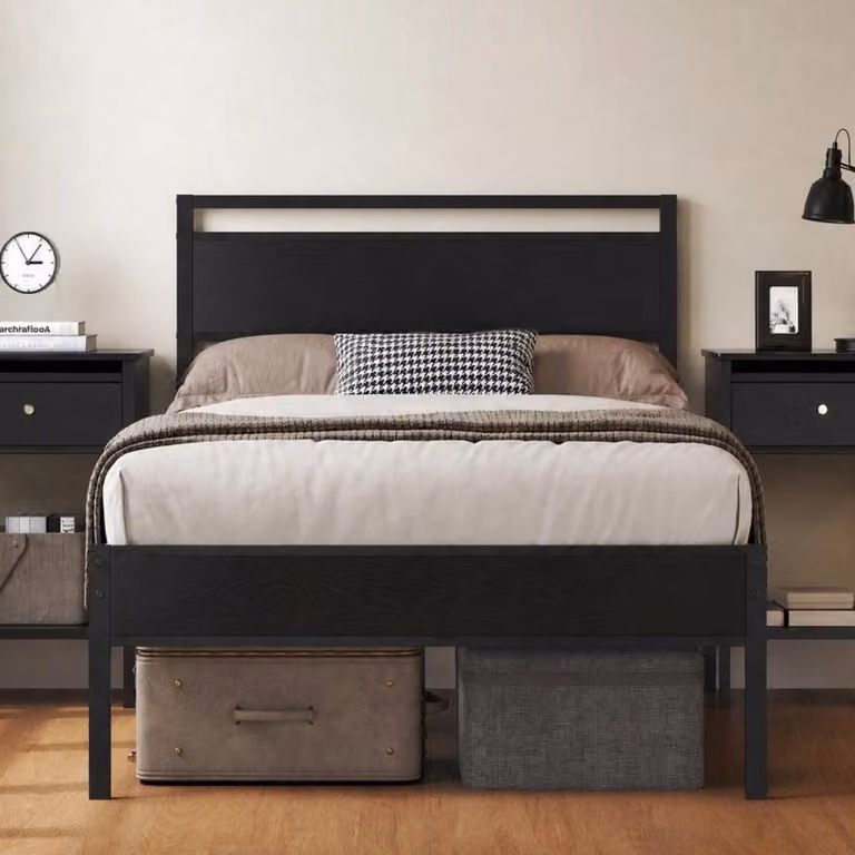 Letto singolo 90x200 cm con rete a doghe, contenitore e finitura nera