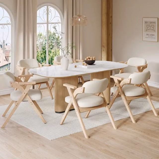 Set 6 sedie da pranzo pieghevoli ULEVR in legno massello con braccioli e seduta in lino beige