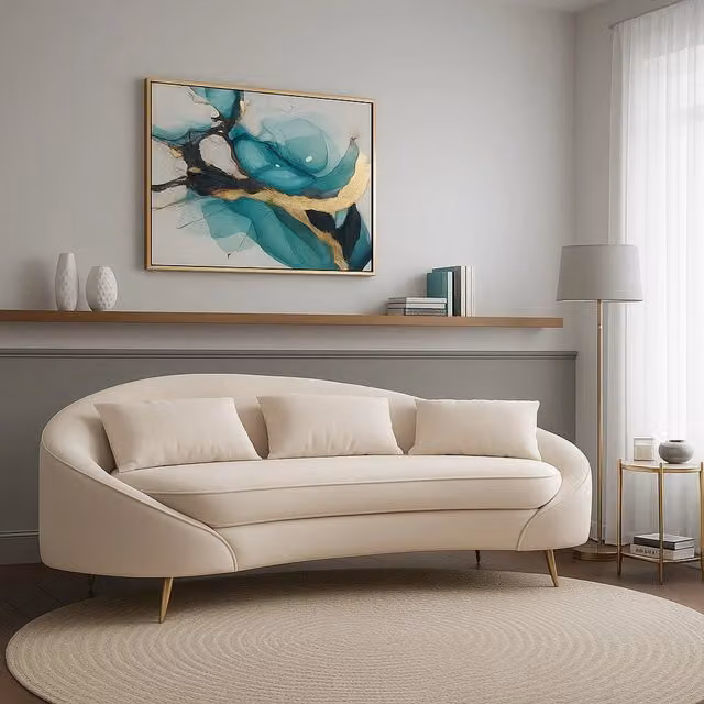 Divano 3 posti Verte DMORA con contenitore, modello dritto moderno in tessuto, L 185 x P 84 x H 68 cm, Beige e Oro