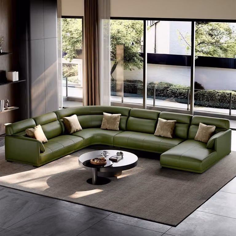 Divano ad angolo a forma di U, colore verde, stile moderno, divano grande, in ecopelle, nuovo