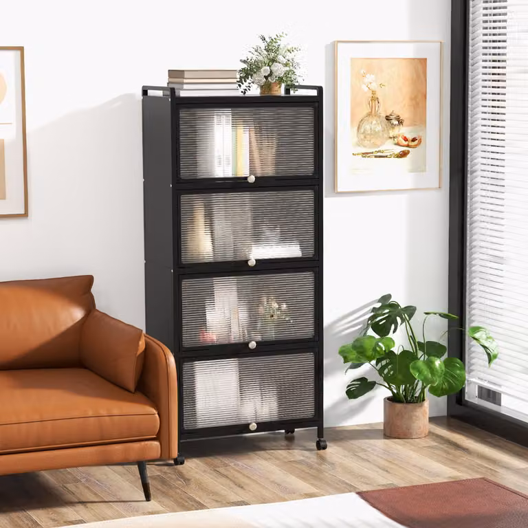 Armadio da cucina autoportante Costway con ante a rullo e ruote girevoli, Nero, L: 60 cm, P: 32 cm, H: 154 cm