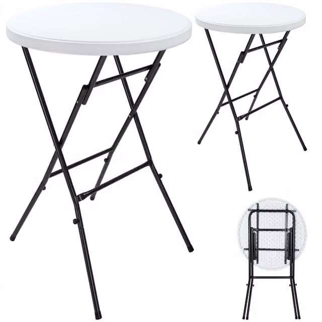 Set di 2 tavoli alti rotondi Casaria in plastica bianca e metallo pieghevoli per giardino, Ø 75 cm, H 110 cm