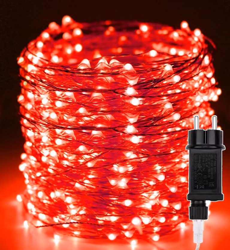 Catena luminosa a LED, 50 metri, 500 LED, filo di rame, 8 modalità, colore rosso