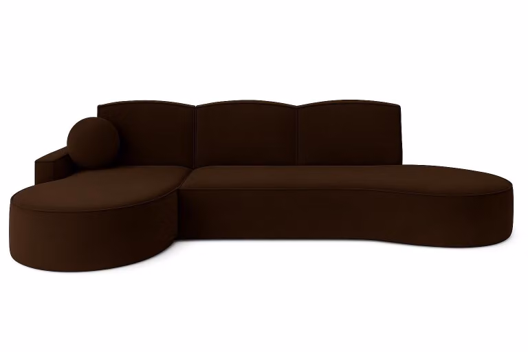 Divano ad angolo moderno Sofello dalle forme arrotondate MOLLY, con forma arrotondata, disponibile in tessuto velour nei colori marrone, crema, beige e grigio – un design alla moda dalle forme arrotondate! (con funzione letto) Superficie di riposo: 140x20