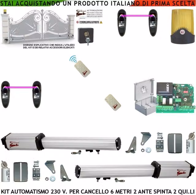 ApriCancello 6 Metri 2 Ante Kit Base 2 Motori Elettromeccanici 230 V Corsa 500 mm Spinta 2 Quintali Centrale Con Radio 2 Coppie di Fotocellule 2 Radiocomandi Faro 2 Chiavi Sblocco Cartello Monitore