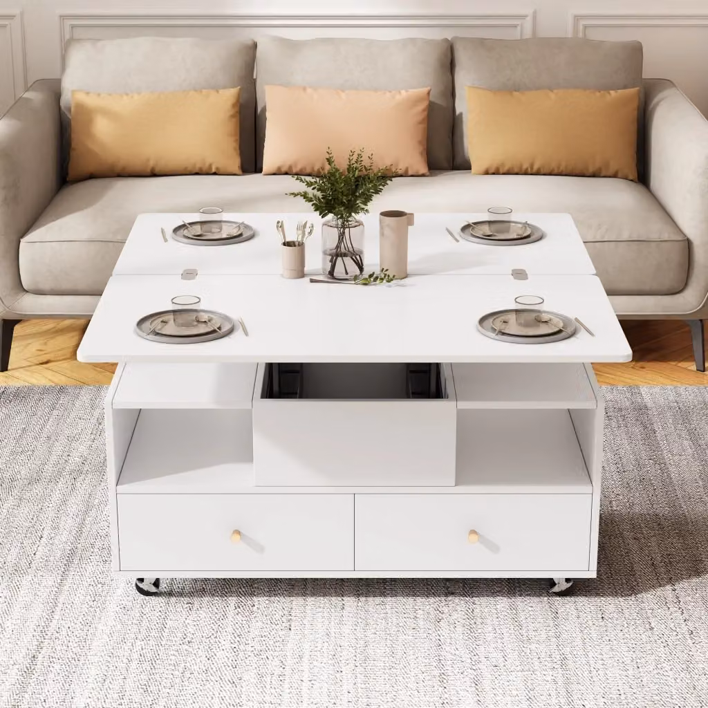 Tavolino da salotto WISHDOR bianco con piano pieghevole, meccanismo sollevabile, 4 cassetti e ruote, L: 100 cm, P: 50 cm, H: 47,5 cm – 2