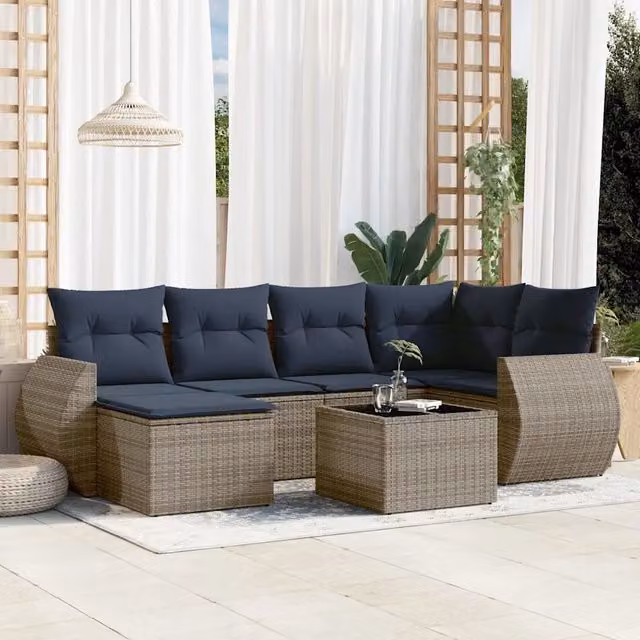 Set Divani da Giardino 7 pz con Cuscini Grigio in Polyrattan 3221670
