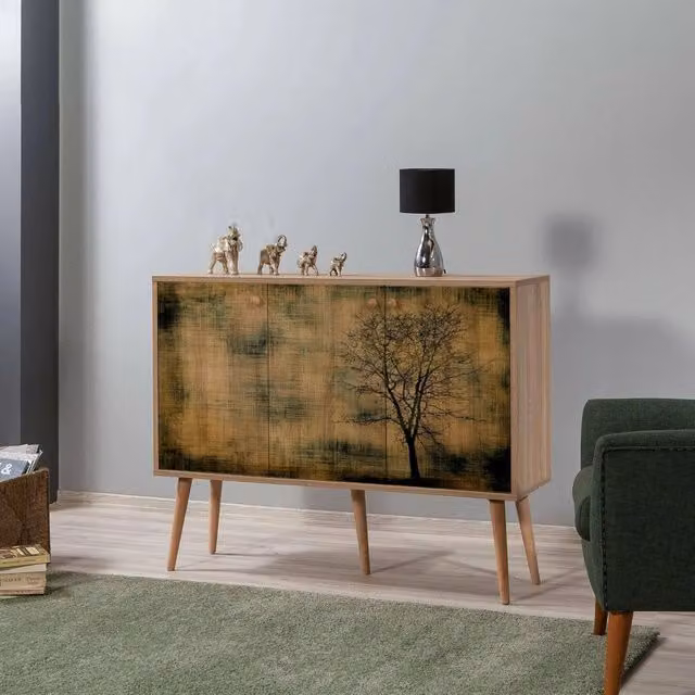 Madia Haratan DMORA in legno rovere marrone con design mid-century, L: 120 cm, P: 36 cm, H: 90 cm