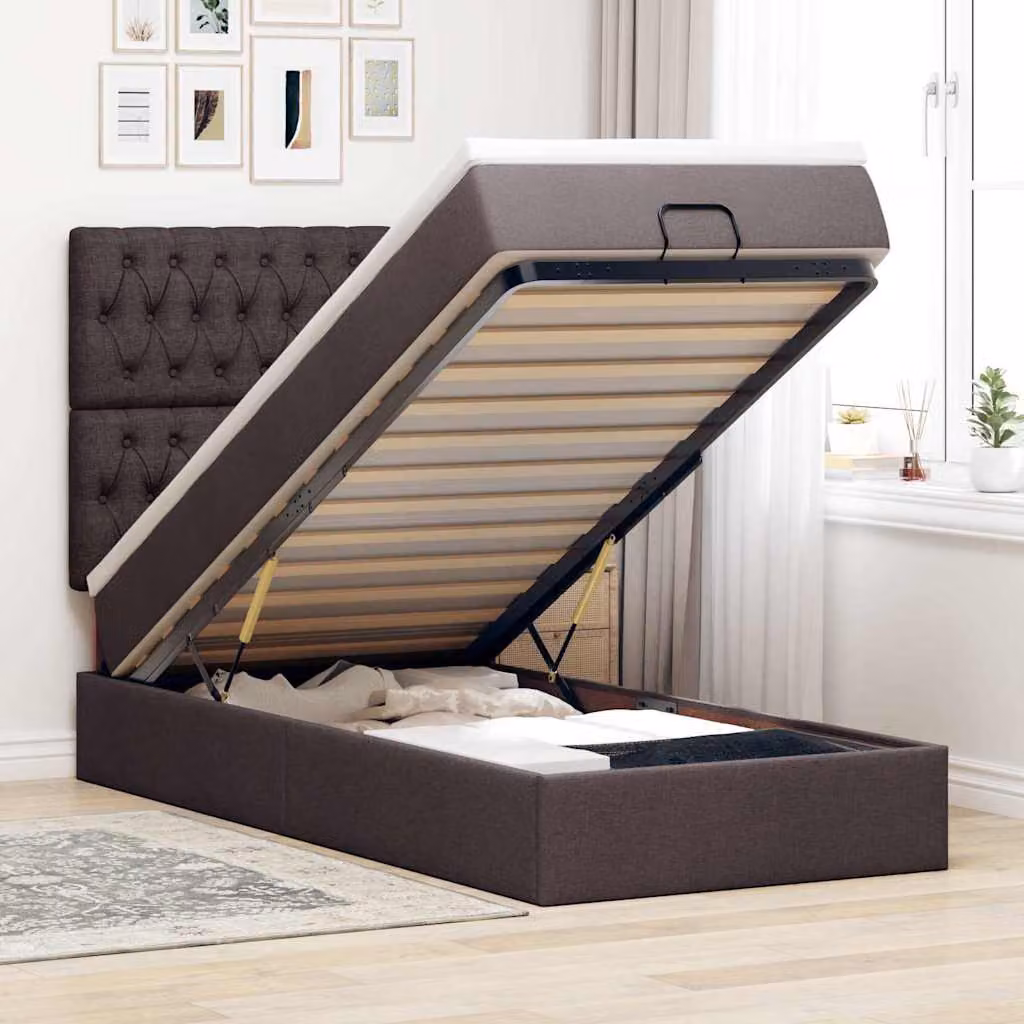 Letto moderno vidaXL con pouf e materasso in tessuto, base contenitore con sistema lift-up, illuminazione sottostante e porta USB, L 190 x P 90 x H 128 cm