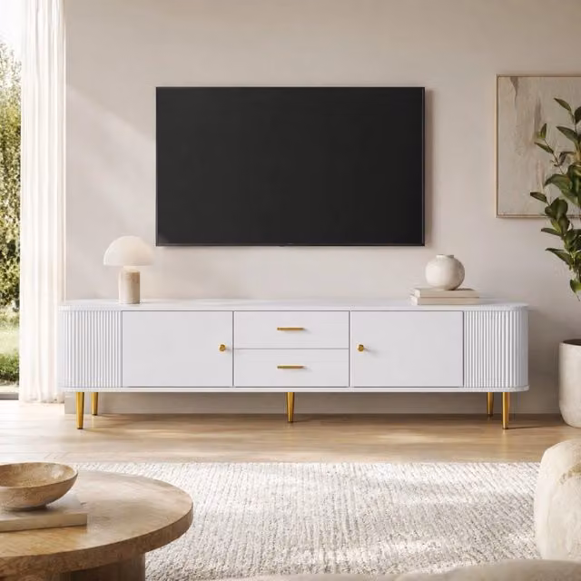 Mobile TV Mivray moderno in MDF bianco con piano arrotondato, 2 cassetti e 2 ante, maniglie e gambe dorate, L/P/H: 170 x 34 x 45 cm – 1