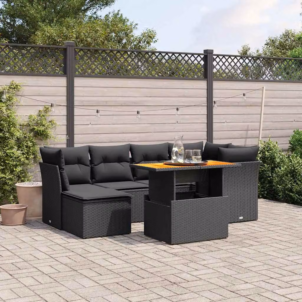vidaXL Set Divano da Giardino a L con Cuscini 7pz in Polyrattan Nero e Legno di Acacia – 1