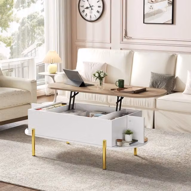Tavolino da caffè sollevabile WISHDOR con vano contenitore, finitura bianca e dettagli oro, L: 120 cm, P: 50 cm, H: 43 cm – 1