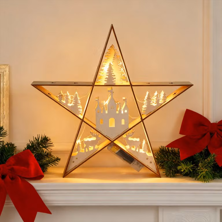 Stella di legno a LED, 30 cm, luce bianco caldo, alimentata a batteria, decorazione natalizia