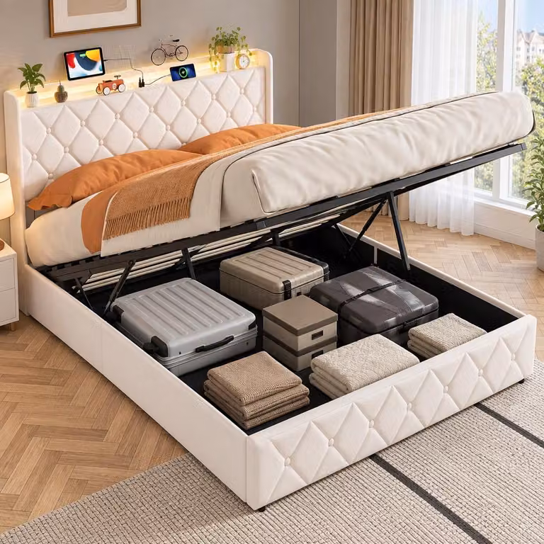 Letto imbottito INONEFT, dimensioni 140x200 cm, con illuminazione LED e porta USB, letto per ragazzi con spazio contenitore a sollevamento idraulico, struttura del letto con rete a doghe, rivestito in velluto, colore beige