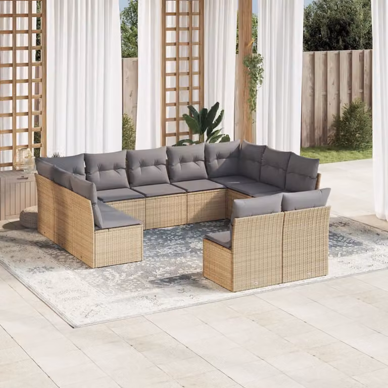 Set di Divani da Giardino vidaXL 11 pz in Polyrattan con Cuscini Beige e Grigio per Terrazza e Giardino