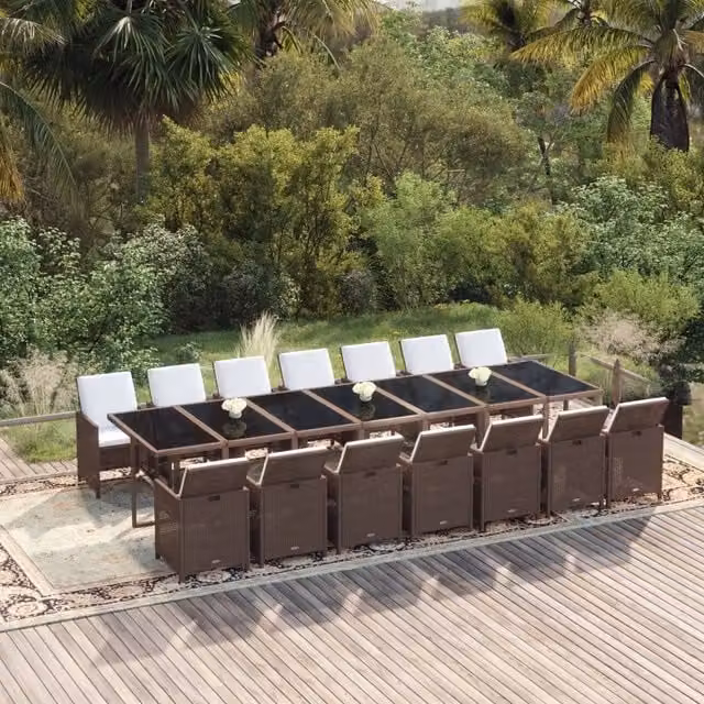 Set da pranzo da giardino vidaXL in polyrattan marrone con cuscini e tavolo in vetro, 15 pezzi