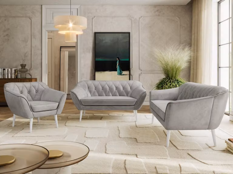 Divano componibile MKS MEBLE PIRS 1-2-3, set completo in stile scandinavo, con sospensioni a molle, gambe bianche, gruppo sedute, set di mobili, set con braccioli - velluto grigio chiaro