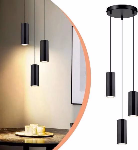 Lampada a sospensione industriale in metallo nero con 3 fiamme e attacco GU10 per soggiorno, cucina o camera da letto