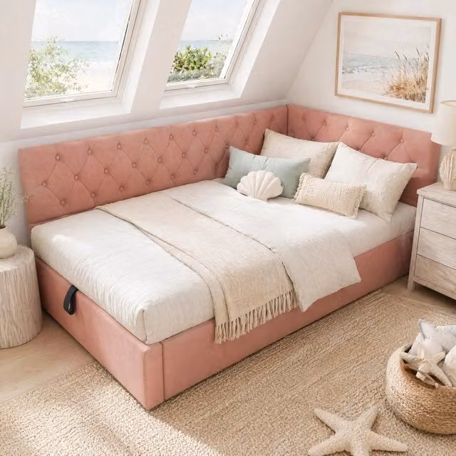 Letto imbottito 90x200 cm in velluto rosa con contenitore idraulico; testiera reversibile
