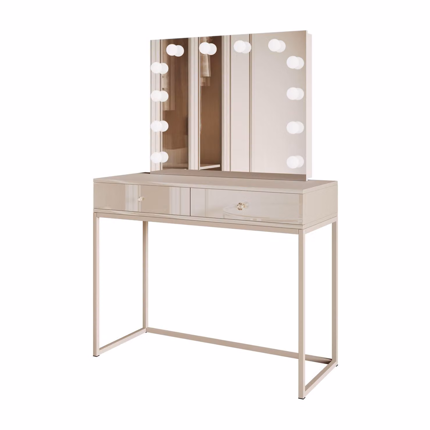 BLANCO KASZMIR ELITE, tavolino da toilette con specchio e illuminazione su struttura in cashmere, maniglia in cristallo bianco