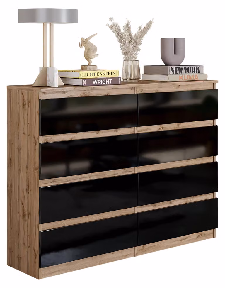 Comò Wotan in legno di quercia/nero lucido con 8 cassetti – Mobile contenitore moderno per camera da letto e soggiorno – Comò in stile scandinavo – GABRIEL
