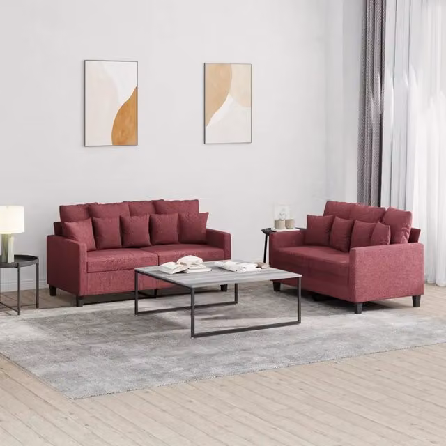 Set di Divani 2 pz con Cuscini Rosso Vino in Tessuto 3201654