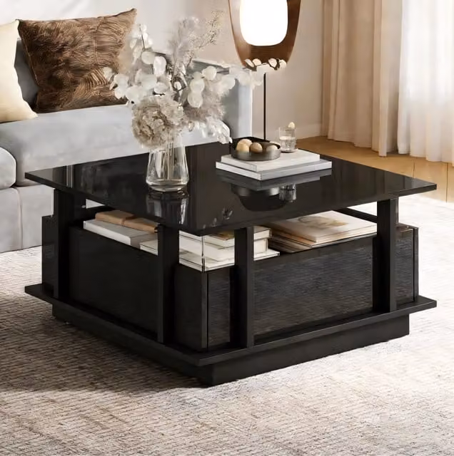 Tavolino da salotto quadrato 70 x 70 x 35 cm con 2 cassetti; LED; divisori in acrilico; nero lucido