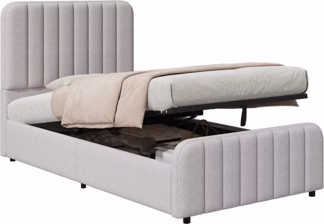 Letto imbottito per bambini 90x200 cm con contenitore idraulico in lino grigio