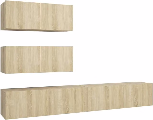 Set di 4 mobili porta TV moderni in legno multistrato color rovere sonoma e beige con finitura opaca