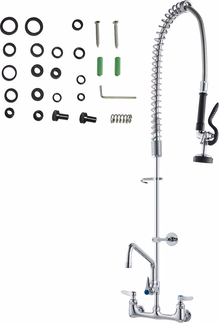 Rubinetto commerciale SucceBuy con doccetta prelavello, altezza 111,8 cm, centro 20,3 cm, bocca girevole 30,5 cm, rubinetto per lavello da parete, struttura in ottone con doccetta estraibile
