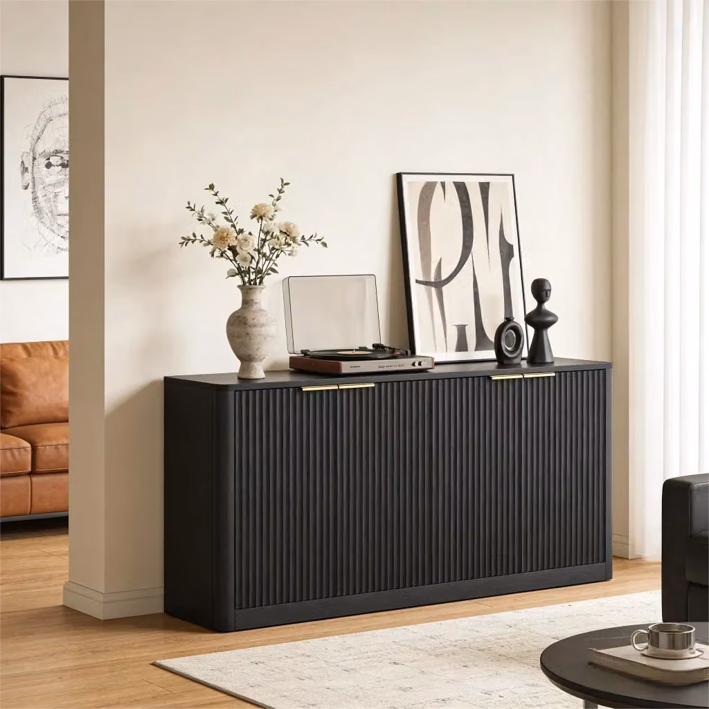 Madia MIVRAY a 4 ante con pannelli ondulati e piano effetto legno in MDF nera L: 150 cm, P: 40 cm, H: 70.5 cm – 2
