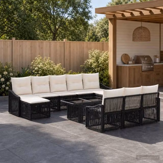 Set Divano da Giardino 11 Pezzi vidaXL in Polyrattan Nero e Bianco con Cuscini e Tavolino – 1