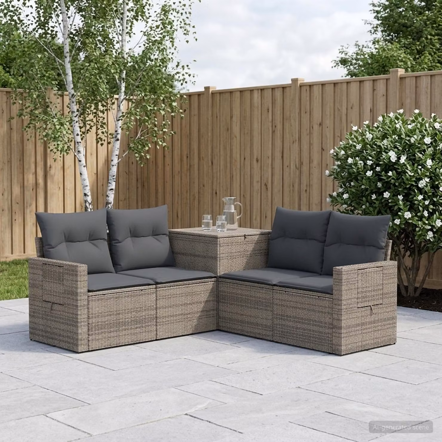 Set di divani da giardino vidaXL in polyrattan con forma a L, colore grigio e antracite, comprensivo di cuscini e contenitore per il loro stoccaggio