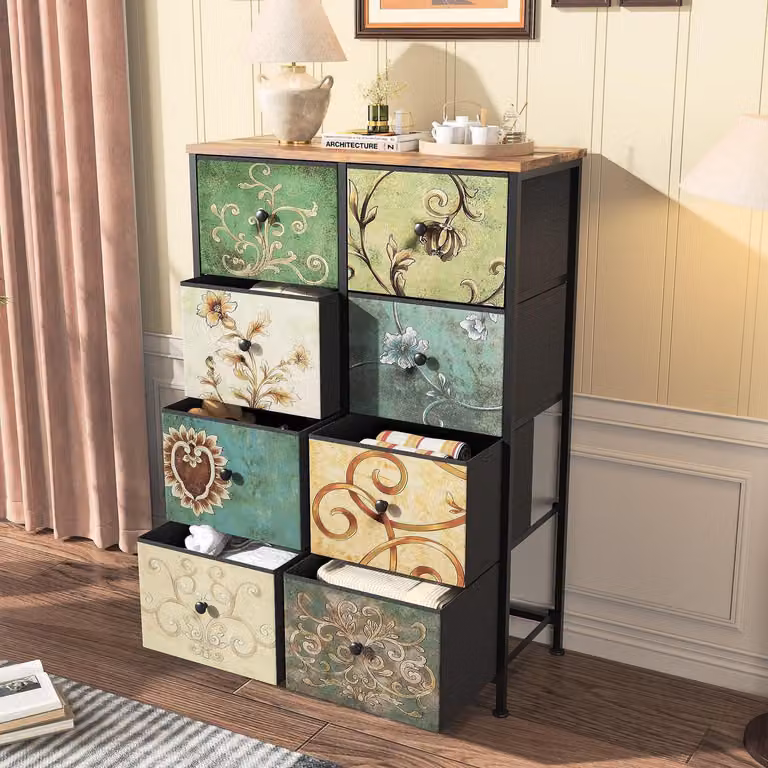 Comò vintage con 8 cassetti, mobile contenitore con struttura in metallo, cassettiera rustica, dimensioni 100 x 30 x 100 cm