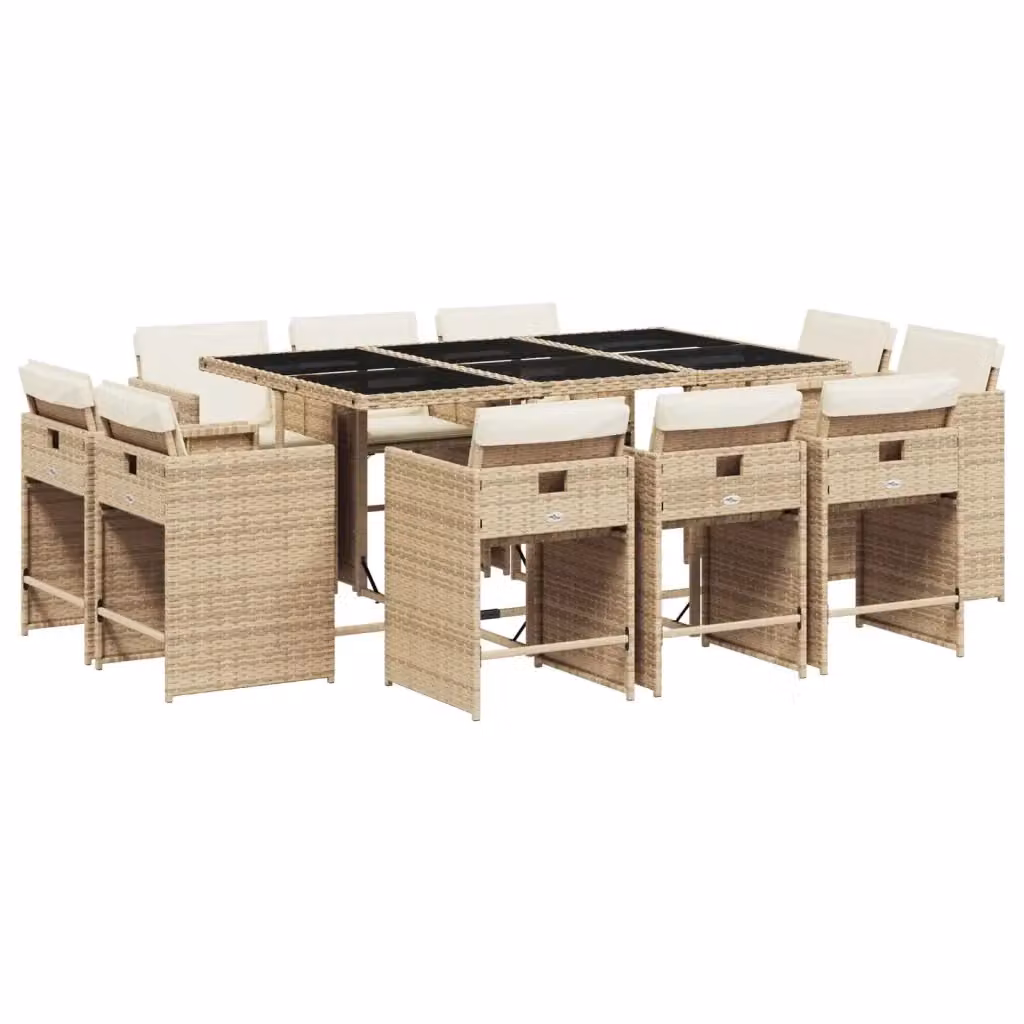 vidaXL Set da Pranzo da Giardino 11 pz in Polyrattan con Cuscini Beige e Piano in Vetro – 2
