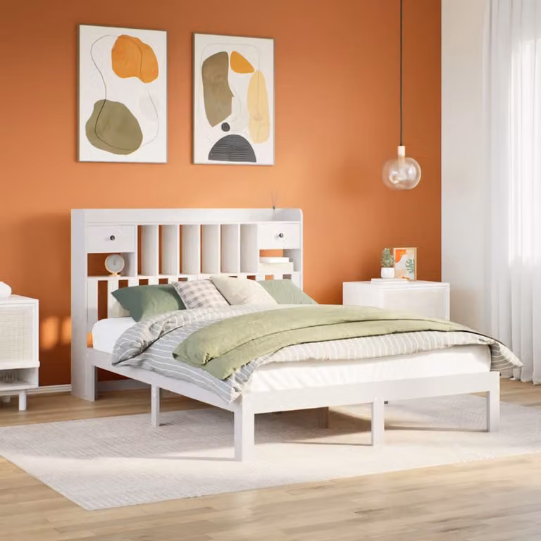 vidaXL Letto con Libreria in Legno di Pino Bianco per Adulti 150x200 cm